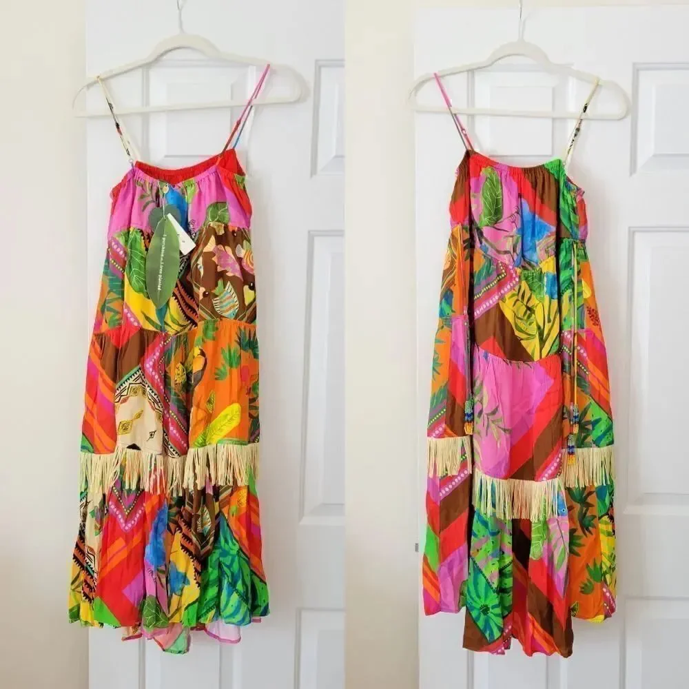 NWT ANTHROPOLOGIE FARM RIO SzM PALILA SPAGUETTI STRAPS FRINGED MIDI DRESS